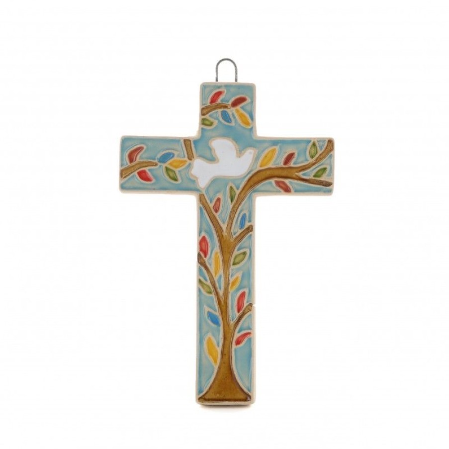 Palais du Rosaire Croix Religieuse | Croix Religieuse En Ceramique Decoree D'Une Colombe 10Cm