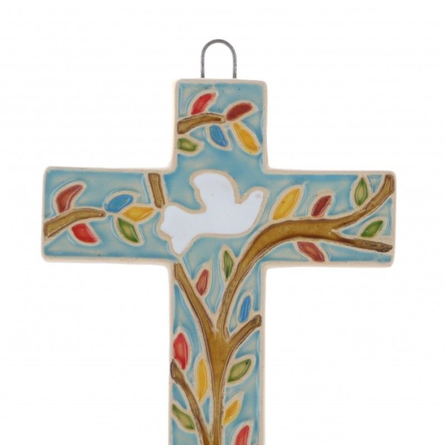 Palais du Rosaire Croix Religieuse | Croix Religieuse En Ceramique Decoree D'Une Colombe 10Cm