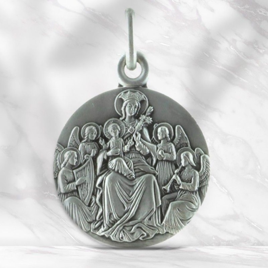 Palais du Rosaire Medaille Et Croix Argent | Medaille Argent De La Vierge Marie Aux Anges 20Mm