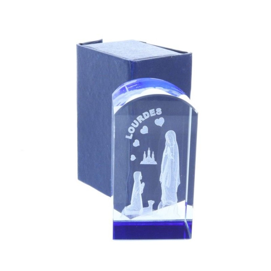 Palais du Rosaire Verre Grave | Verre Grave Laser 3D Arrondi Reflets Bleus Et Apparition De Lourdes 8,5 Cm