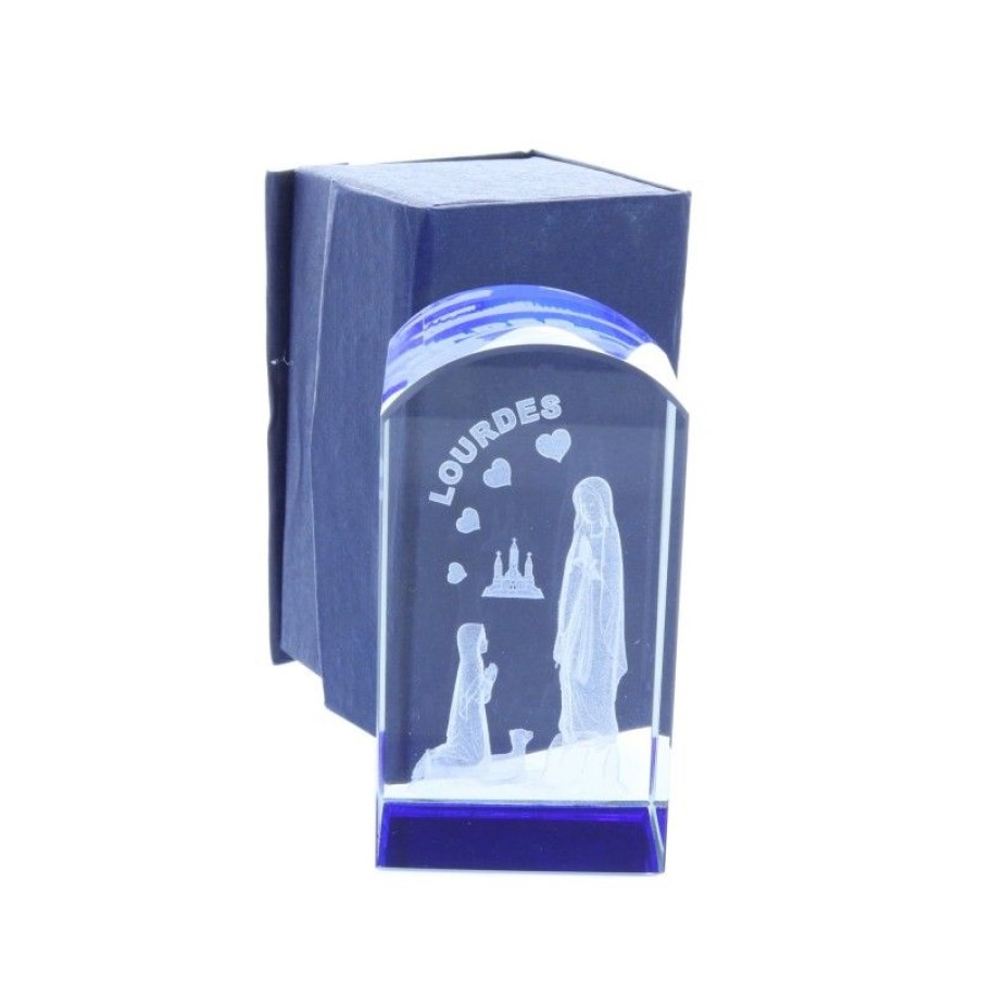 Palais du Rosaire Verre Grave | Verre Grave Laser 3D Arrondi Reflets Bleus Et Apparition De Lourdes 8,5 Cm