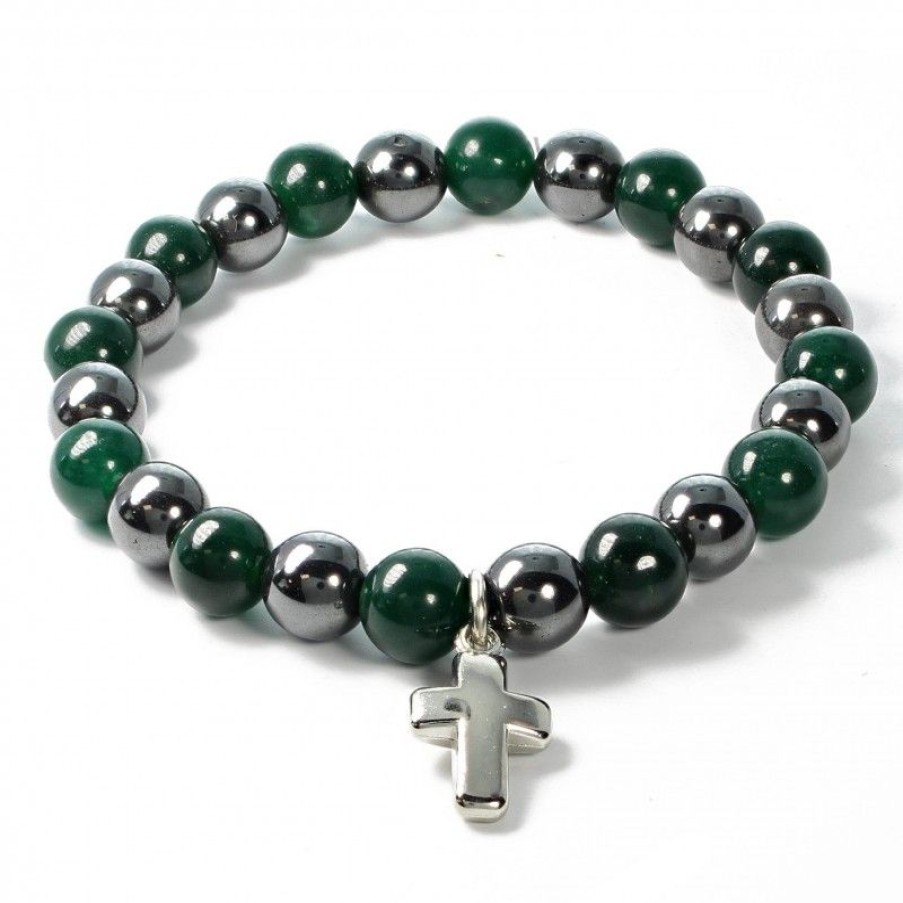 Palais du Rosaire Bracelet Fantaisie | Bracelet En Pierres Naturelles D'Hematite Et Agate Verte Avec Croix