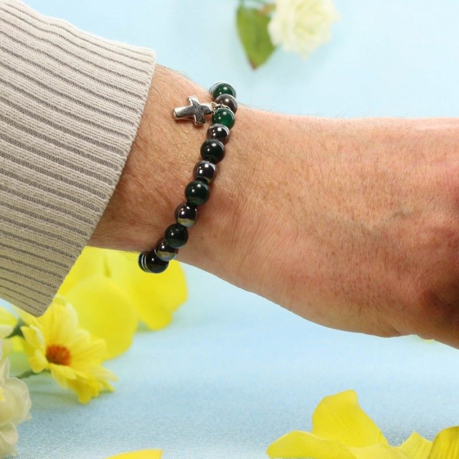 Palais du Rosaire Bracelet Fantaisie | Bracelet En Pierres Naturelles D'Hematite Et Agate Verte Avec Croix