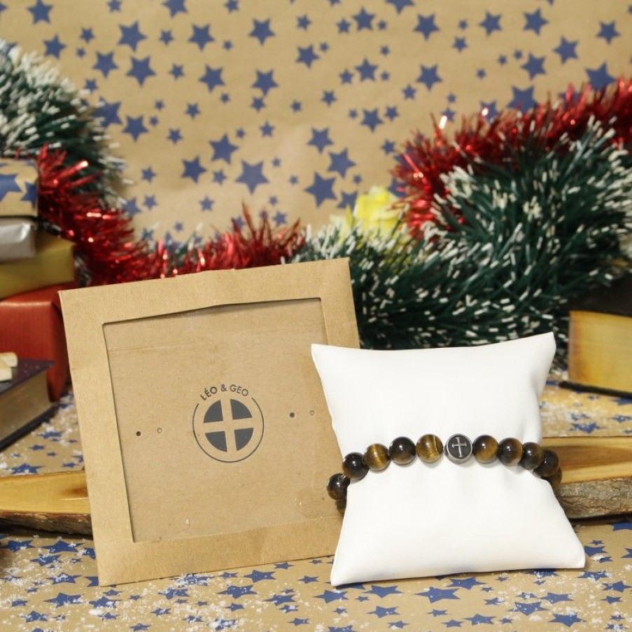 Palais du Rosaire Bracelet Fantaisie | Bracelet Elastique Avec Perles En Pierre Oeil De Tigre Et Une Croix