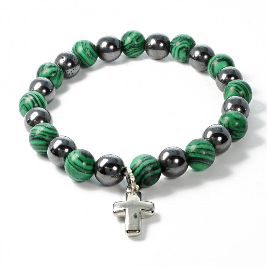 Palais du Rosaire Bracelet Fantaisie | Bracelet En Pierres Naturelles D'Hematite Et Malachite Avec Croix