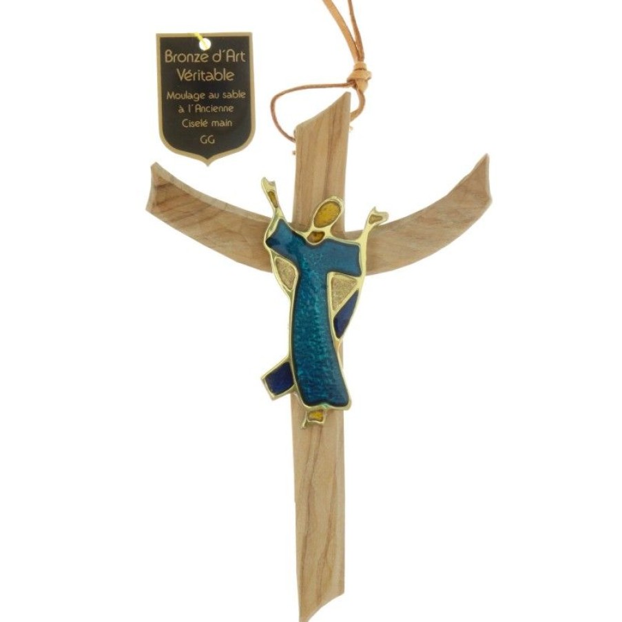 Palais du Rosaire Crucifix Bois | Crucifix Christ Glorieux En Bronze Et Bois D'Olivier 16 Cm