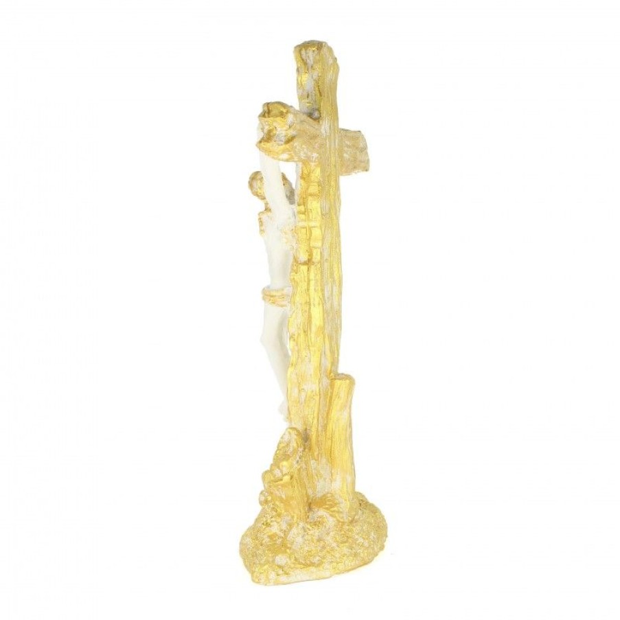 Palais du Rosaire Crucifix Resine | Crucifix En Resine Blanche Et Paillettes Dorees 17Cm