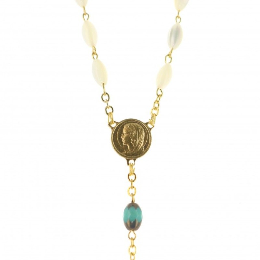 Palais du Rosaire Chapelet Nacre | Chapelet Dore Avec Grains En Nacre Et Croix Coloree