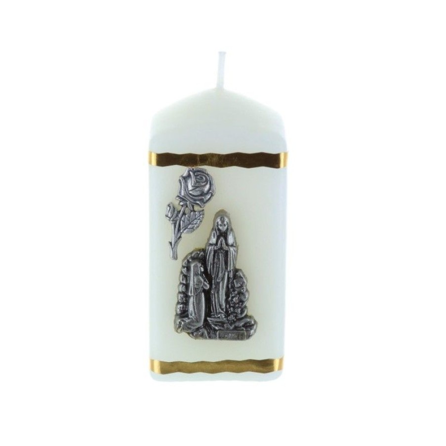 Palais du Rosaire Bougie Decorative | Bougie Religieuse Carree Apparition De Lourdes Argentee 6 Cm