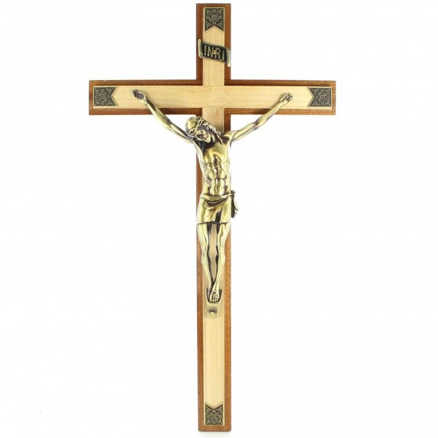 Palais du Rosaire Crucifix Metal | Croix En Bois Bi-Colore Avec Christ Couleur Bronze 45Cm
