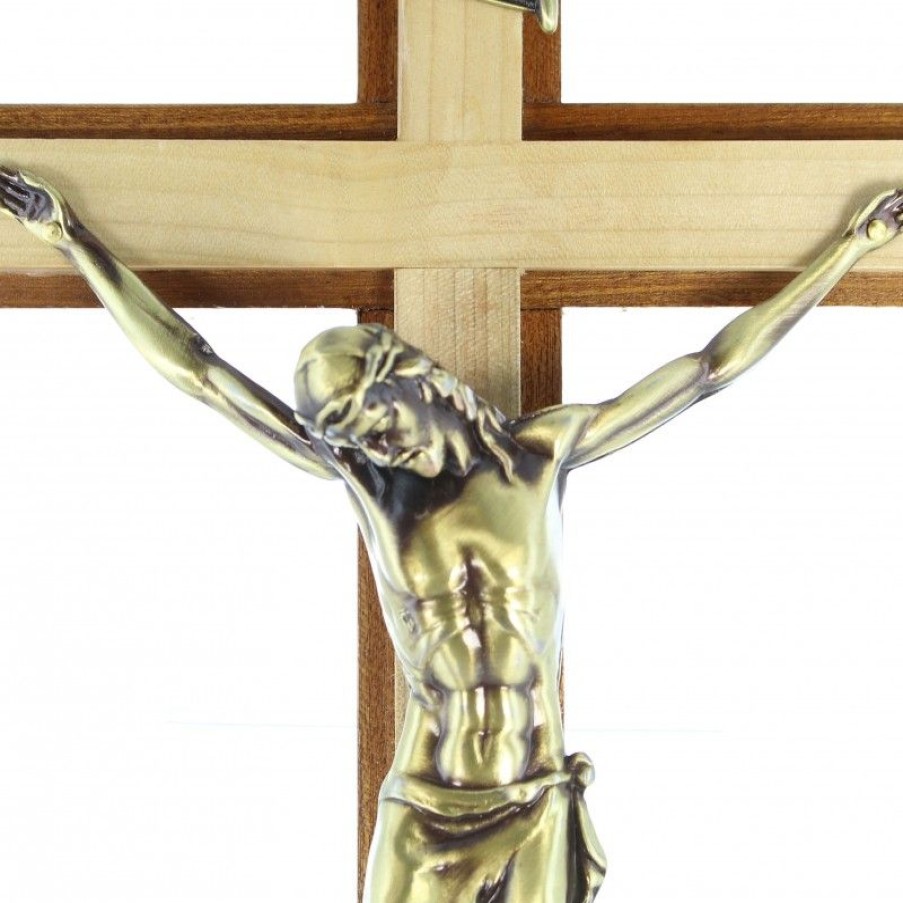 Palais du Rosaire Crucifix Metal | Croix En Bois Bi-Colore Avec Christ Couleur Bronze 45Cm