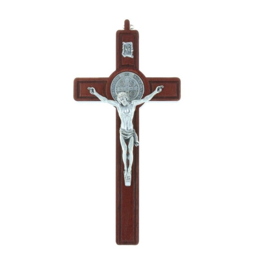 Palais du Rosaire Crucifix Bois | Crucifix Saint Benoit En Bois D'Olivier Christ Et Medaille Argentee 20 Cm
