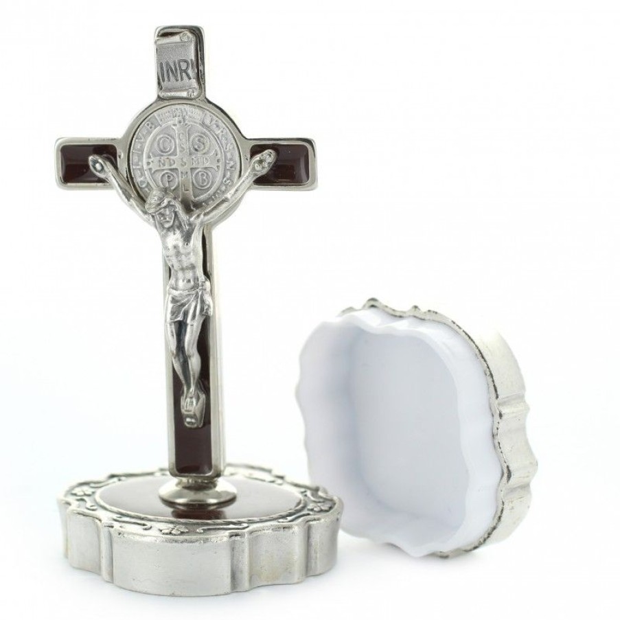Palais du Rosaire Crucifix Metal | Crucifix Saint Benoit Sur Socle Avec Medaille Argente